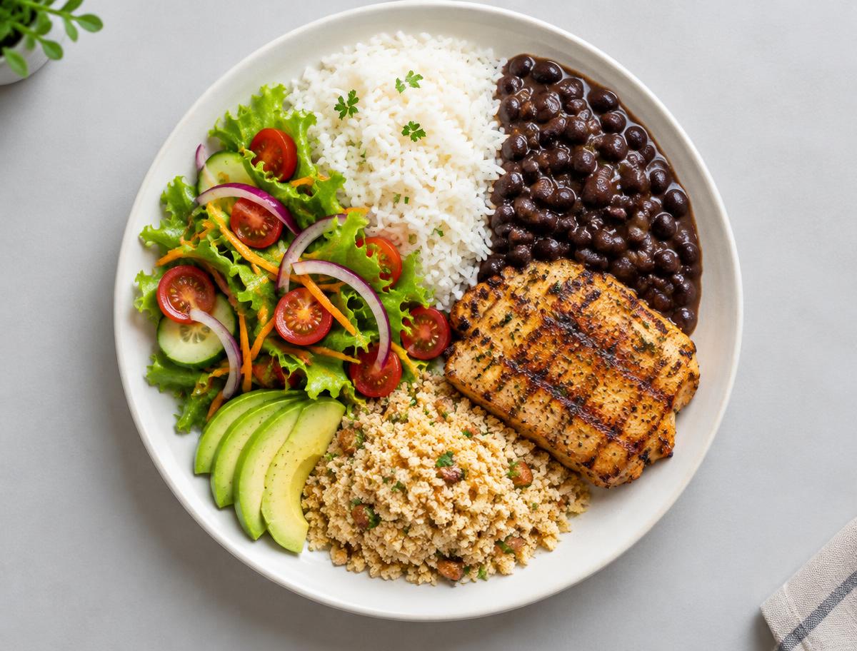 Prato equilibrado com arroz, feijão, frango e salada